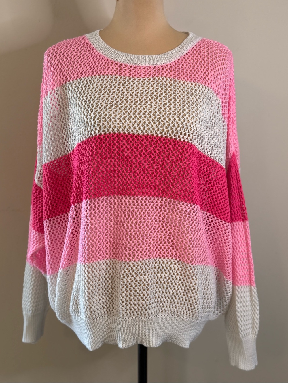 TCEC crochet crewneck sweater pink & white stripes SZ SM